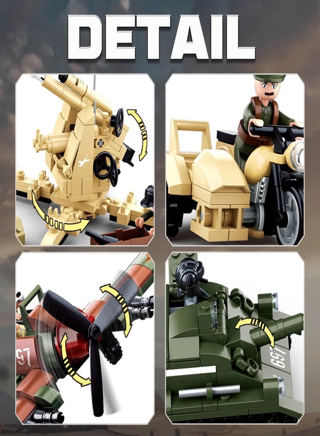 سلوبان مجموعة بناء قاعدة عسكرية، نموذج جيش الحرب العالمية الثانية، مع دبابة، دراجة نارية، مقاتلة، 9 مجسمات جنود، هدايا مثالية للكبار والأولاد من عمر 8 إلى 10 سنوات، متوافقة مع ليغو العسكرية، 988 قطعة - Image 3